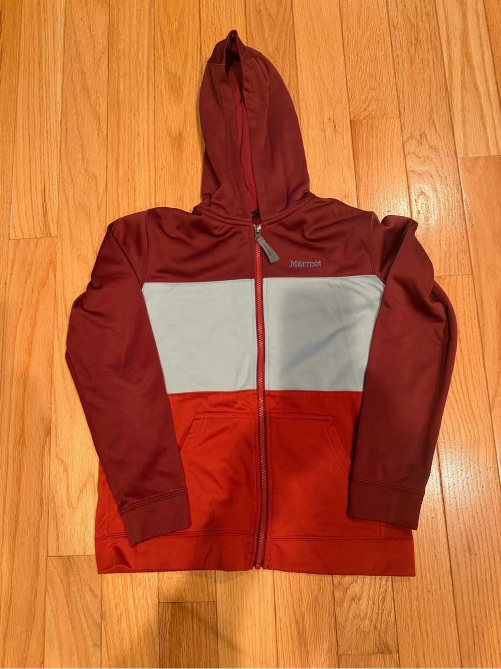 Marmot Kids Colorblock Hooded Zip Jacket in Burgundy, Red & Light Gray